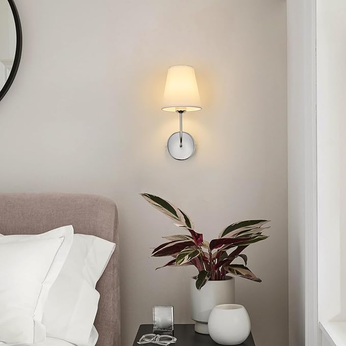Modern Hardwired Wall Sconces, Set of 2 in Chrome with White Fabric Shades,Farmhouse Light, Living Room, Hallway, Bathroom, Vanity, or Staircase. Sleek, Versatile Lighting