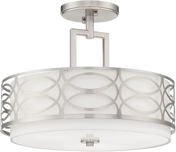 Kira Home Sienna 15" 3Modern Lattice Drum Semi-Flush Mount, 3-Light Silver Ceiling Light with White Linen Shade & Glass Diffuser, Brushed Nickel Finish