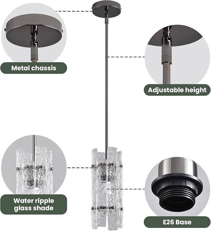Pearl Black Crystal Pendant Light for Kitchen Island, Luxury Mini Water Ripple Glass Chandelier Fixture, Modern round Adjustable Hanging Pendant Lighting for Dining Room Bathroom Hallway (3-Pack)