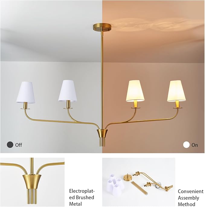 Modern 42" Linear Chandelier for Kitchen Island & Dining Room - 4-Light Gold Finish with White Fabric Shades, Adjustable Hanging Pendant Light Fixture, E12