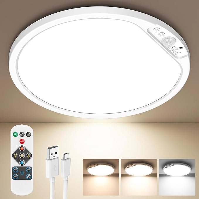2 Pack 10000mAh Rechargeable Motion Sensor Ceiling Light with Remote, Battery Operated Closet Light No Wiring, Magnetic Wireless LED Ceiling Lights, 3 Color Overhead Lamp for Shower Pantry Hallway