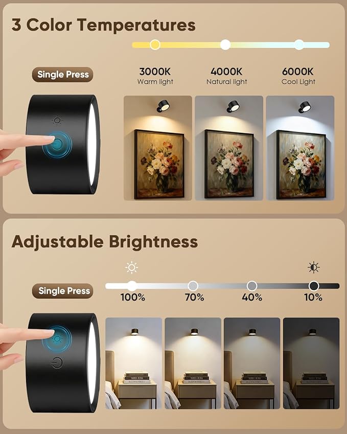 LED Wall Mounted Lights 2 Pcs with Remote, Rechargeable Wall Sconce with 3 Color Temps & Dimmable Magnetic 360° Rotation Cordless Light for Bedroom Reading Bedside