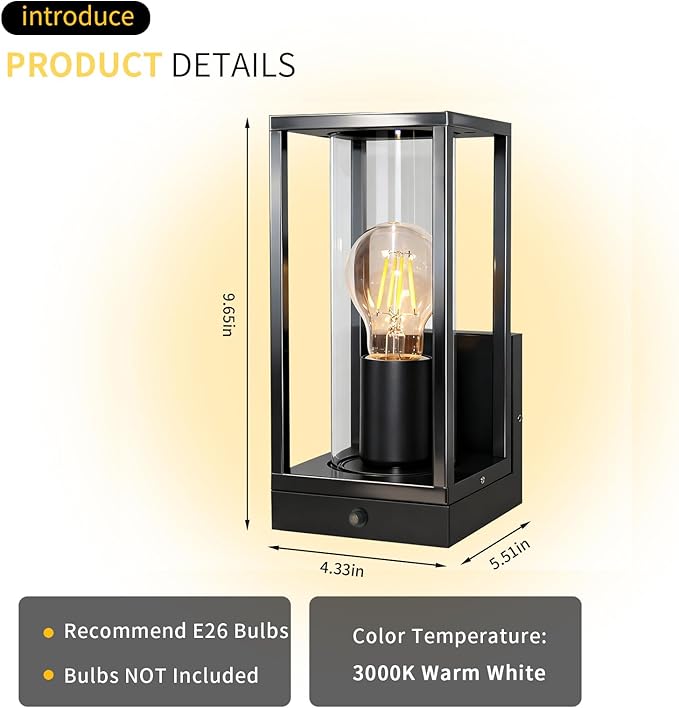 Outdoor Wall Light, Dusk to Dawn Sensor Aluminum Rustproof & Weatherproof Outside Light, Modern Wall Light for Garage, Garden, Patio (Black)