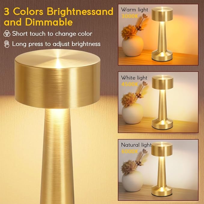 HPUFKOT Portable LED Table Lamp, 3-Levels BrightnessMetal Desk Lamp,3 Color Touch Control RechargeableLamp, Ideal Bedside Lamp for Nightstand, Bedroom,Living Room (Light Golden)