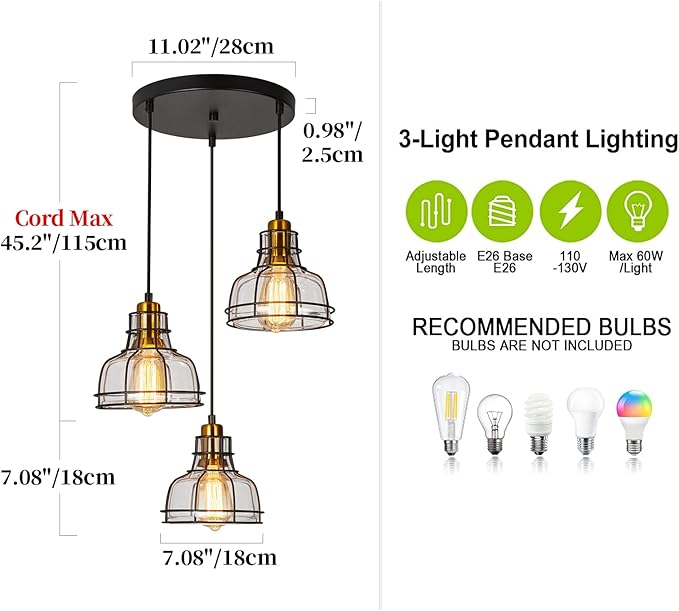 WILON Pendant Lighting for Kitchen Island, Industrial 3 Light Pendant Ceiling Light Fixture, Farmhouse Chandelier for Dining Room Cluster Pendant Light Fixtures Hanging Light with Clear Glass Shades