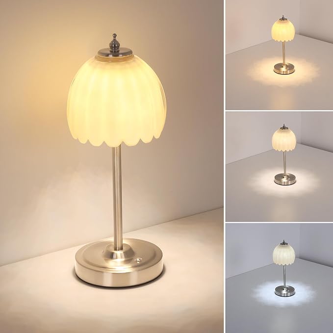 Shenmoyl Tulip Table Lamp with 5200mAh Battery & Touch Control, Cordless Small Table Lamp with 3 Colors, Dimmable Rechargeable Table Lamps for Living Room, Bedroom, Desk, Bedside (Creamy Yellow Tulip)