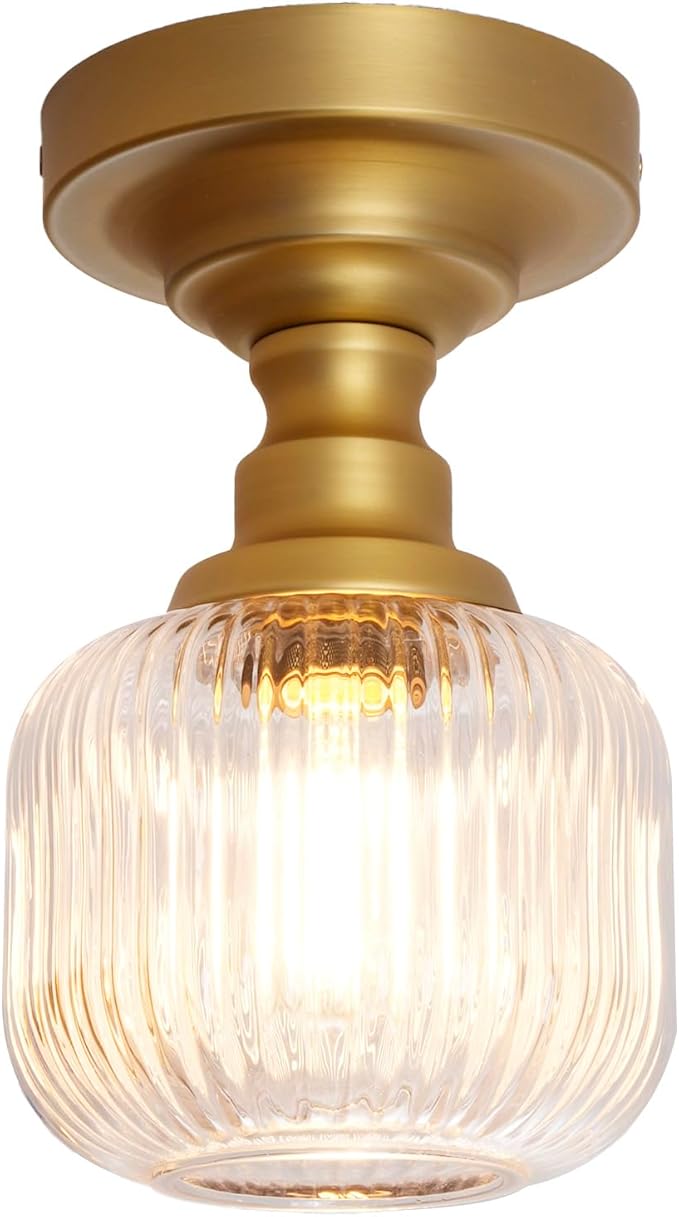 Modern Schoolhouse Semi Flush Mount Ceiling Light with Clear Ribbed Glass Lampshade, Industrial Close to Ceiling Light Fixture for Farmhouse Bedroom Entryway Stairs