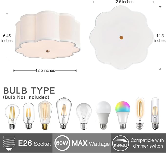 Bargeni Flush Mount Ceiling Light,13-inch Drum Ceiling Light Fixture,Light Fixtures Ceiling Mount with Cream White Fabric Shade, 3-Light Flush Mount Light Fixture for Nursery Kids Room,Bedroom,Hallway