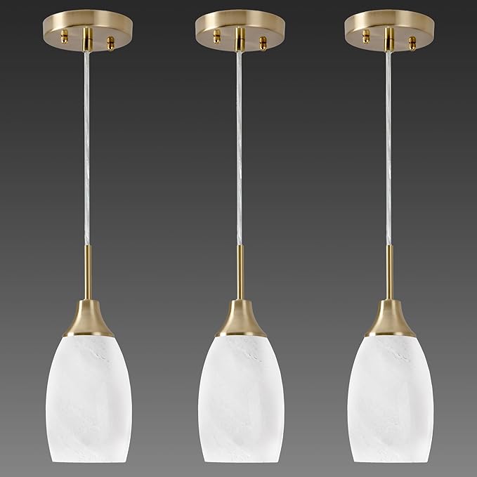 Viinew Mini Glass Pendant Light 3-Pack Handblown Art White Swirl Oval Hanging Pendant Lamp 4.72" Glass Chandelier for Kitchen Island Dining Room Living Foyer Hallway Entry Brushed Gold Finish