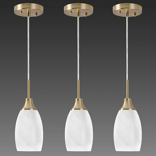 Viinew Mini Glass Pendant Light 3-Pack Handblown Art White Swirl Oval Hanging Pendant Lamp 4.72" Glass Chandelier for Kitchen Island Dining Room Living Foyer Hallway Entry Brushed Gold Finish