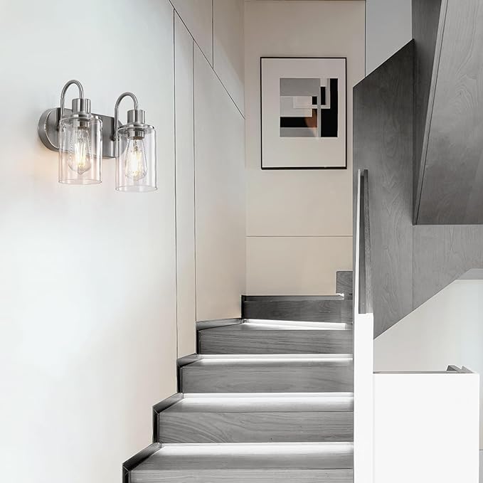 Brushed Nickel Bathroom Light Fixtures Over Mirror,2-Light Bathroom Vanity Light with Clear Glass Shade,Modern Farmhouse Wall Sconces Lighting for Kitchen Living Room Bedroom Cabinet