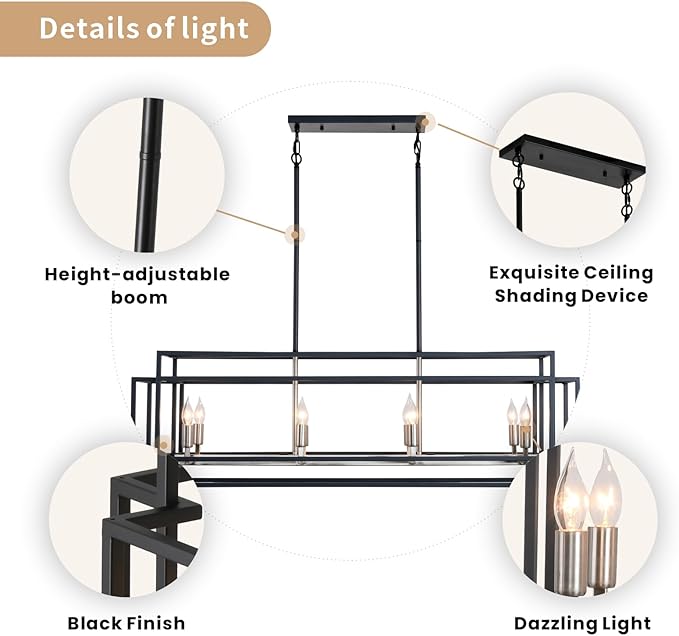 8-Light Kitchen Island Lighting, Black and Sliver Rectangle Chandeliers for Dining Room, Metal Farmhouse Dining Room Light Fixtures Over Table, Linear Chandelier with Brushed Nickel Socket