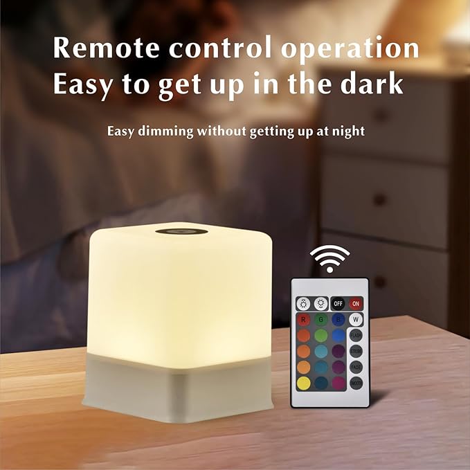 Portable Baby Night Light，Touch Lamp for Bedroom, Rechargeable 2400mAh Small LED Table Lamps, Remote Control, Multi-Color Square Nightstand Lamp,Breastfeeding, Sleep Aid,
