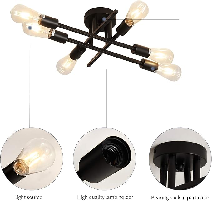 ZGLAOJT 6-Lights Semi Flush Mount Ceiling Light Fixture，Black Industrial Chandelier，Farmhouse Lighting for Dining Room Living Room Kitchen Bedroom