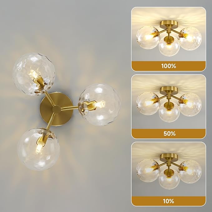 Gold Globe Semi Flush Mount Ceiling Light Mid Century Modern Globe Hammered Clear Glass Ceiling Light Fixture Linear Sputnik Brushed Brass Chandelier for Bedroom Living Room Entryway Dining Room