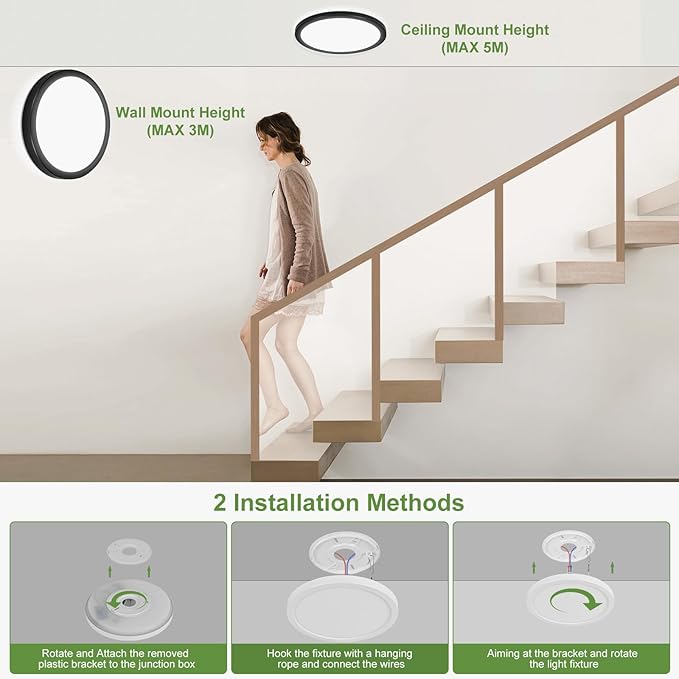 LEZOE 24W Motion Sensor LED Ceiling Light dimmable with Remote, 12Inch 2400lm 3000K/4000K/6500K Flush Mount Ceiling Lighting Fixture, Radar Ceiling Lamp for Hallway Laundry Porch Stair Closet Black