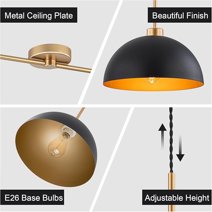 Farmhouse Pendant Lights Kitchen Island, 2 Light Black and Gold Dome Pendant Light, Industrial Modern Kitchen Island Lighting for Dining Room, Restaurant, Cafe, Bar