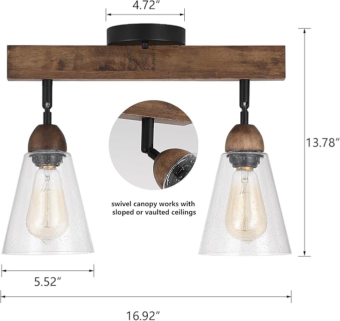 2-Light Rustic Farmhouse Glass Track Flush Mount Ceiling Light Fixture Mini Clear Seeded Glass Shade and Oak Wood Semi Flush Mount Ceiling Light for Kitchen Bedroom Hallway Entryway Sink