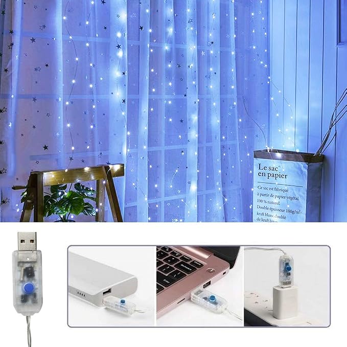 Curtain Lights 300 LED String Lights, Hanging Window Lights USB Powered 8 Mode & Timer Remote Dimmable Copper Lights for Bed Canopy, Home, Girls Bedroom, Party, Wall Decor-9.8ft x 9.8ft(Cool White)