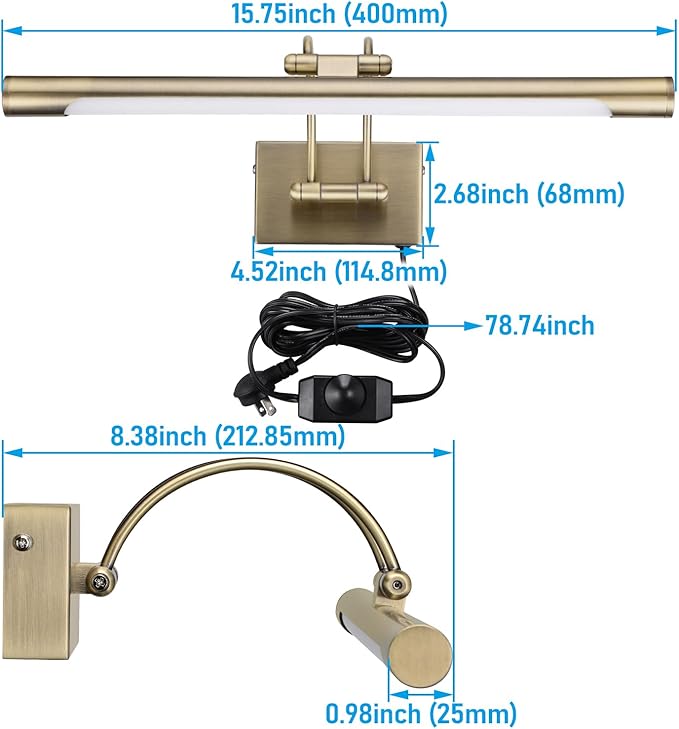 LEONLITE 3CCT Dimmable LED Picture Light, 2700K/3000K/4000K Selectable, CRI90 Swivel Full Metal Picture Frame Light for Wall Art, Painting, Artwork, Portrait, Plug-in & Hardwired, Antique Brass