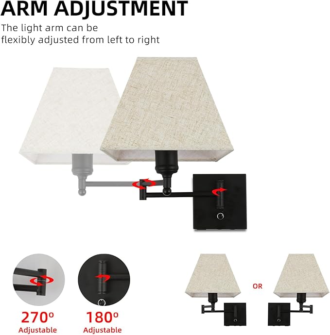 13" Modern Swing Arm Wall Lamp Plug in Wall Sconce with USB and Type-C Port Wall Mounted Lamp with Dimmable Switch Black Wall Sconce Beige Fabric Shade Suitable for Hallway Bedroom Living Room