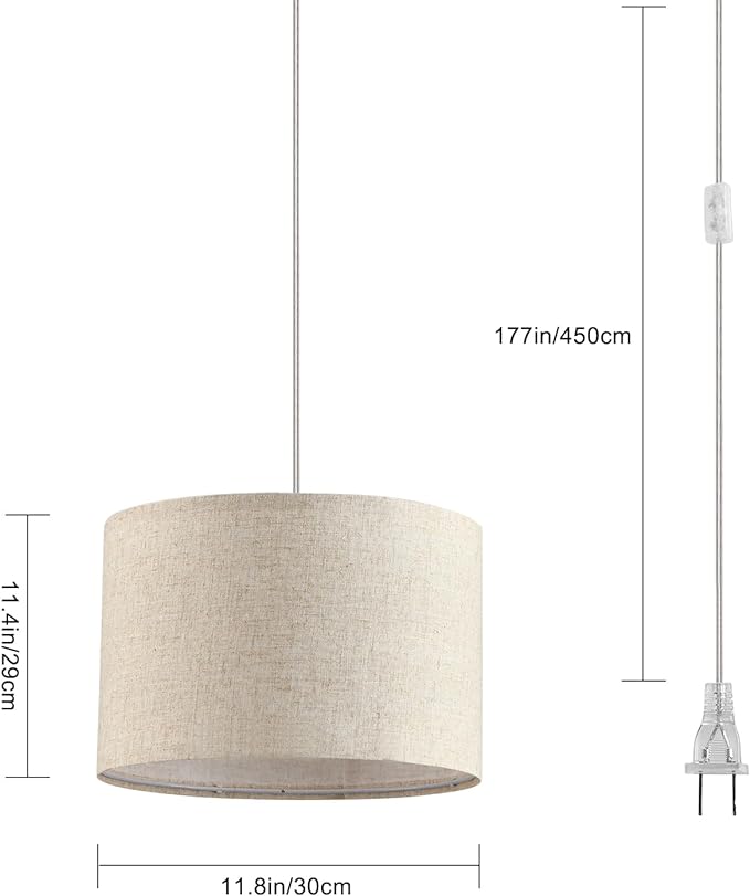 2 Pack Plug in Pendant Light, Hanging Light with 15Ft Clear Cord, On/Off Switch, Beige Linen Fabric Lamp Shade, Hanging Light Fixture for Bedroom, Kitchen, Living Room, Dining Table