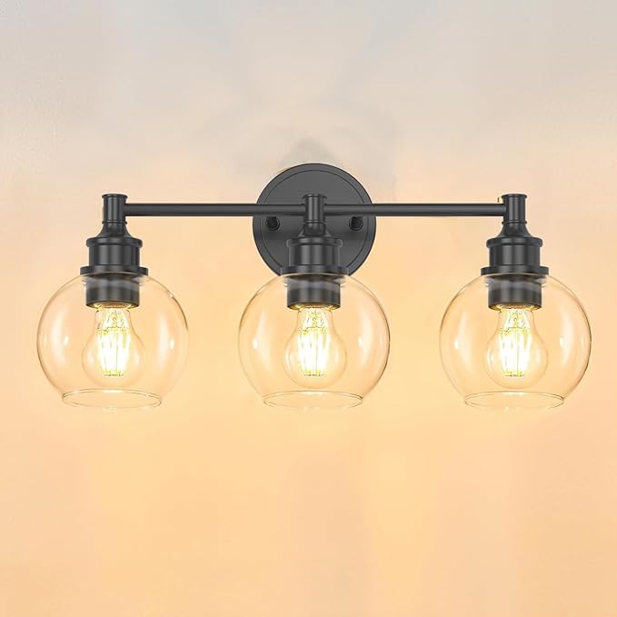 Bathroom Light Fixtures, 3-Light Matte Black Vanity Light Globe Glass Shades, Bathroom Lighting Fixtures Over Mirror, Wall Sconces for Master Bathroom, Guest Bathroom, Powder Room, 20-inch