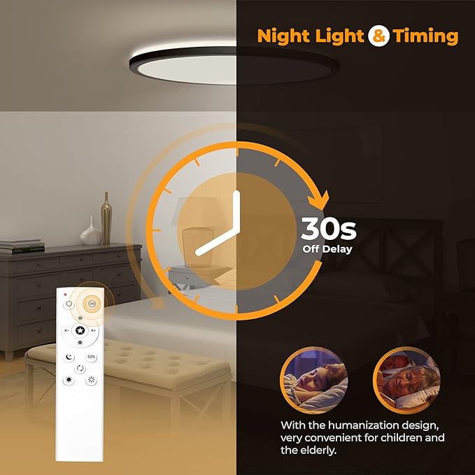 BLNAN LED Flush Mount Ceiling Light Fixture with Remote Control, 15.4 Inch 36W 3000K-6500K Dimmable Round Low Profile Ceiling Lamp for Living Room Bedroom Kitchen, Black