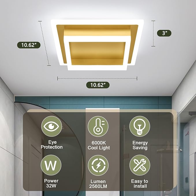Modern LED Ceiling Lights, Gold Kitchen Ceiling Light, 32W Cool White 6000K Acrylic LED Hallway Ceiling Light Fixtures, Flush Mount Ceiling Lights for Bedroom Dining Room Kitchen Bathroom(Gold)
