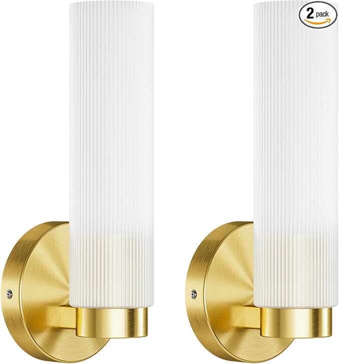 TETOTE Brushed Gold Wall Sconces Set of Two Modern Bathroom Wall Light Fixtures Farmhouse Wall Lights with Frosted Glass Shade for Mirror Bedroom Living Room