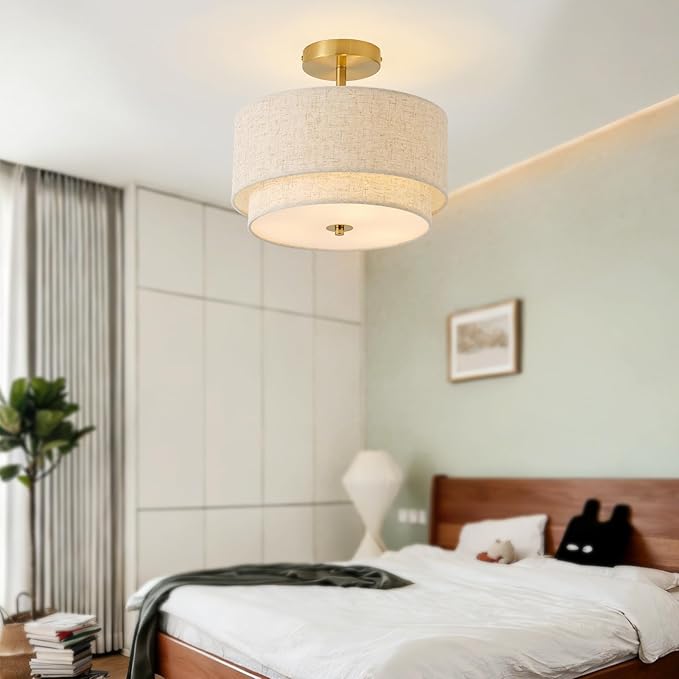 12.6" Flush Mount Ceiling Light Fixture,Gold 3-Light Modern Ceiling Light with Fabric Shade in Double Drum-Shape for Bedroom Hallway Nursery Living Room Kitchen Island(2-Tier Gold)