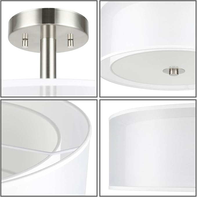 XiNBEi Lighting Semi Flush Mount Ceiling Light, 3 Light Close to Ceiling Light with Fabric Shade, 16" Drum Semi Flush Ceiling Light in Brushed Nickel for Living Room & Bedroom XB-SF1194-BN