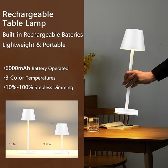 Fizrice Cordless Table Lamp Rechargeable Lamps: 6000mAh Battery Operated Table Lamp Outdoor Waterproof, Touch Control, Portable Wireless Desk Lamp for Dinner/Bedroom/Restaurant （White2 Pack