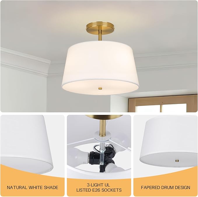Modern Cone-Shaped Semi Flush Mount Ceiling Light Fixture, 3-Light Drum Lamp with Gold Brass Finish and White Fabric Shade for Bedroom, Kitchen, Dining Room, Hallway, Entryway, and Foyer