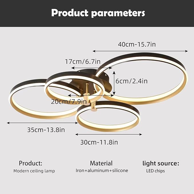 Ganeed Dimmable LED Ceiling Light Modern 4 Rings Ceiling Lamp with Remote Control,60W Gold Flush Mount Ceiling Lights for Living Room, Bedroom, Kitchen, Corridor, Dining Room,Office 3 Color