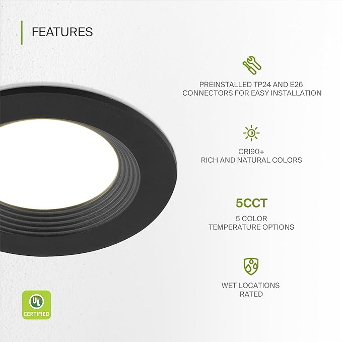 ASD 6 Pack Black 4 Inch Retrofit LED Recessed Light - 9W 2700K-5000K 700LM Retrofit LED Recessed Lighting 4 Inch, Dimmable Black Recessed Lights, Wet Rated Baffle Trim Can Lights, UL