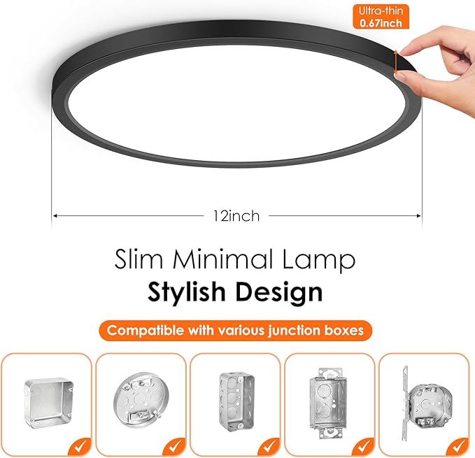 Brightever 12 Inch Black LED Flush Mount Ceiling Lights, 28W 3200LM, Ultra Thin 0.67 Inch Close to Ceiling Light Fixtures, 5000K Daylight Dimmable Flat Ceiling Lamp for Dining Room, Garage, 6 Packs