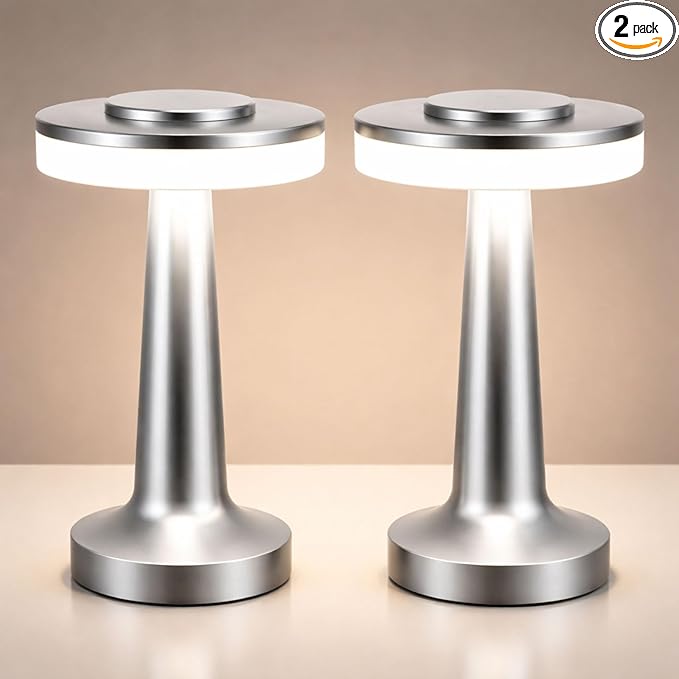 Riakrum 2 Pcs LED Portable Cordless Table Lamp with Touch Sensor 3 Color Stepless Dimming Rechargeable Battery up to 15 Hours Cordless Table Light Wireless Lamp for Nursery (Silver)