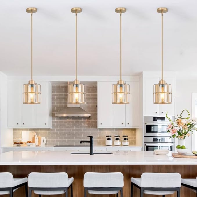 Farmhouse Brass Pendant Light Fixtures with Amber Glass, Gold Kitchen Island Set of 2 with Adjustable Rod, Modern Cage Bathroom Pendant Lights Hanging Light for Sink Dining Room Hallway