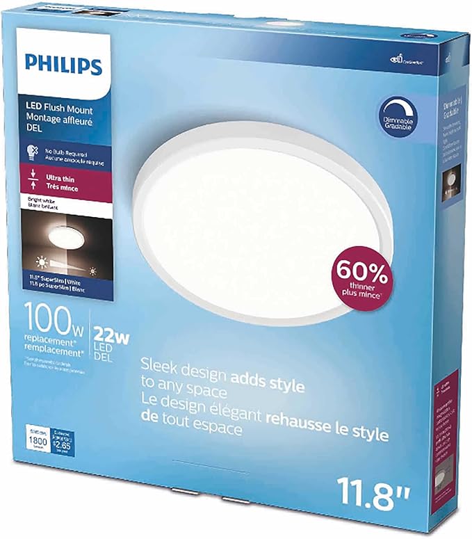 Philips LED Flush Mount Silver Ceiling Light 1-Pack Selectable White Multi-CCT 1500 Lumen (20W = 90W) No Bulbs Required