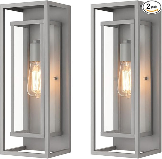 mirrea 18" Classic Outdoor Wall Sconce 1 Light in Rectangular Metal Frame and Clear Glass Shade Waterproof Porch Light Patio Light Pack of 2 (Matte Gray)