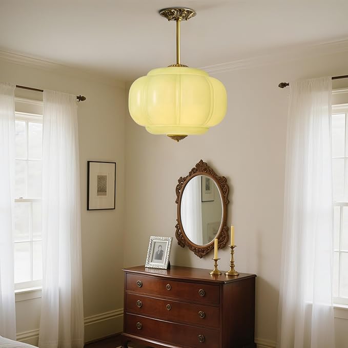 Green Milk Glass Ceiling Light Fixture,Milk Glass Pendant Light ,Semi Flush Mount Pendant Light Vintage Schoolhouse Ceiling Light for Kitchen Island, Living Room, Dining Room, Bedroom (Green, 15 Inch)