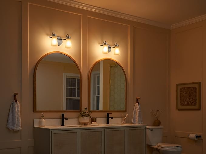 Kichler Stamos 2-Light Bathroom Vanity Light with Satch Etched Glass Shades, 13" Modern Wall Light in Olde Bronze®, (13" x 8" x 5")