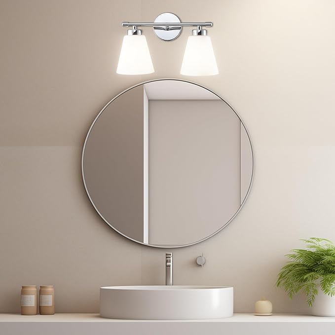 Hamilyeah Modern Chrome Bathroom Vanity Light Fixture Over Mirror, 2 Light Vanity Lighting Fixture with Frosted Glass Shade, Silver Wall Sconce Lighting for Bath, Bedroom, Kitchen, Hallway