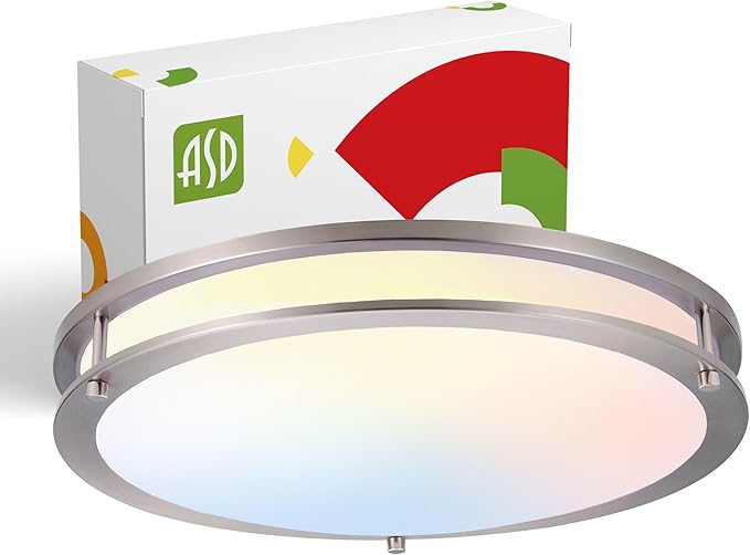 ASD LED 18" Round Flush Mount Lighting, Close to Ceiling Light Fixture | 3CCT, Dimmable, Energy Star, ETL Listed | 28W 2230LM 3000-5000K 120V | Low Profile Double Ring Lamp | Nickel