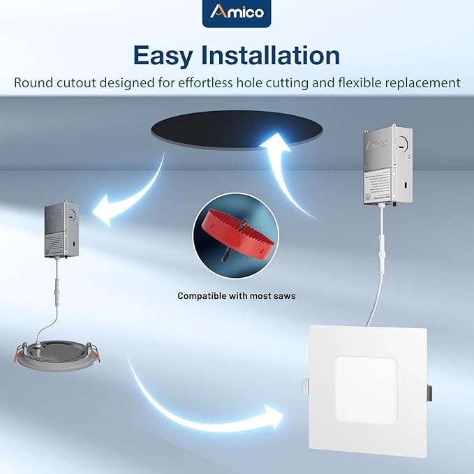Amico 12 Pack 4 Inch Ultra-Thin LED Square Recessed Light with Junction Box, 5CCT 2700K/3000K/3500K/4000K/5000K Selectable, 700LM Brightness, Dimmable Canless Wafer Downlight, 10W, ETL&FCC