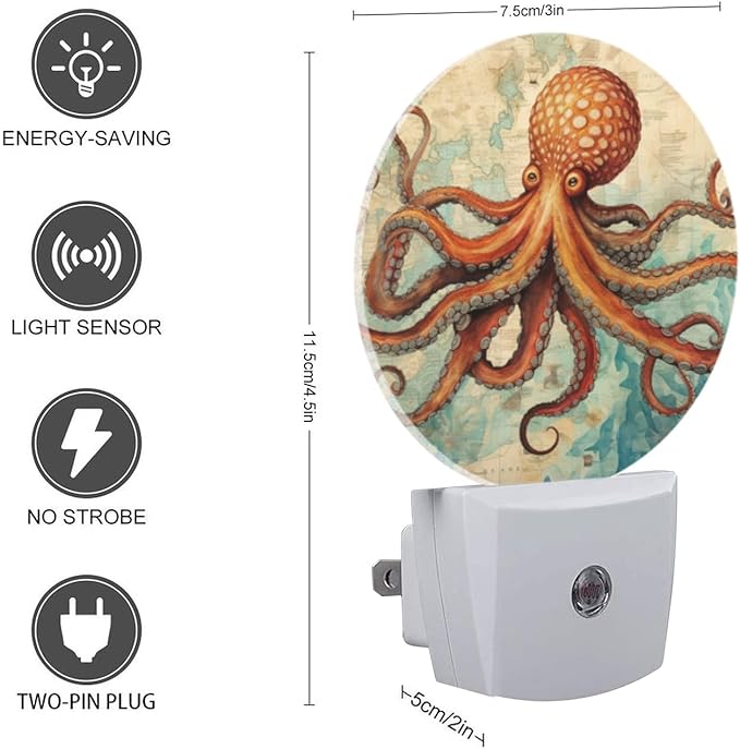 Round LED Night Lights Lamp with Dusk to Dawn Sensor, Vintage-Style Illustration of Octopus Night Light Plug Into Wall for Kids Room, Bedroom, Bathroom, Kitchen, Hallway