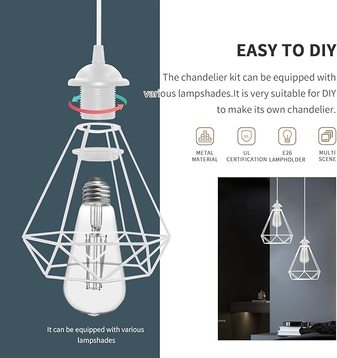 Industrial Mini Pendant Light Kit, Edison Retro Pendant, UL E26 Lamp Socket Vintage Pendant Light Cord, Mini Ceiling Hanging Light Fixtures, Adjustable Hanging Light Kit for Kitchen (White)