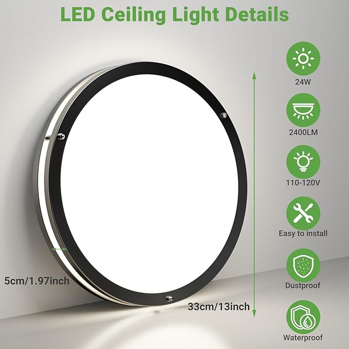 zemty 1Pack 13Inch Black LED Flush Mount Ceiling Lights, Dimmable 24W 2400LM 3000K-6500K Adjustable, Bright Round Close to Ceiling Light Fixtures for Kitchen Bedroom Bathroom Hallway