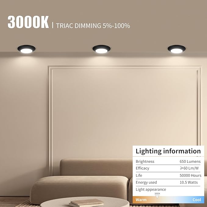 ECOELER 4 Inch Black LED Disk Light, Dimmable Flush Mount Ceiling Light, 10.5W 650Lm, 3000K Warm White, Aluminum Baffle Trim, ETL Listed, 4 Pack